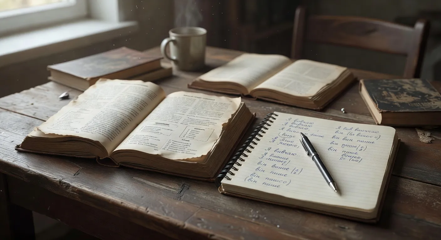 Manuel de langue ukrainienne ouvert sur une table avec cahier d'exercices