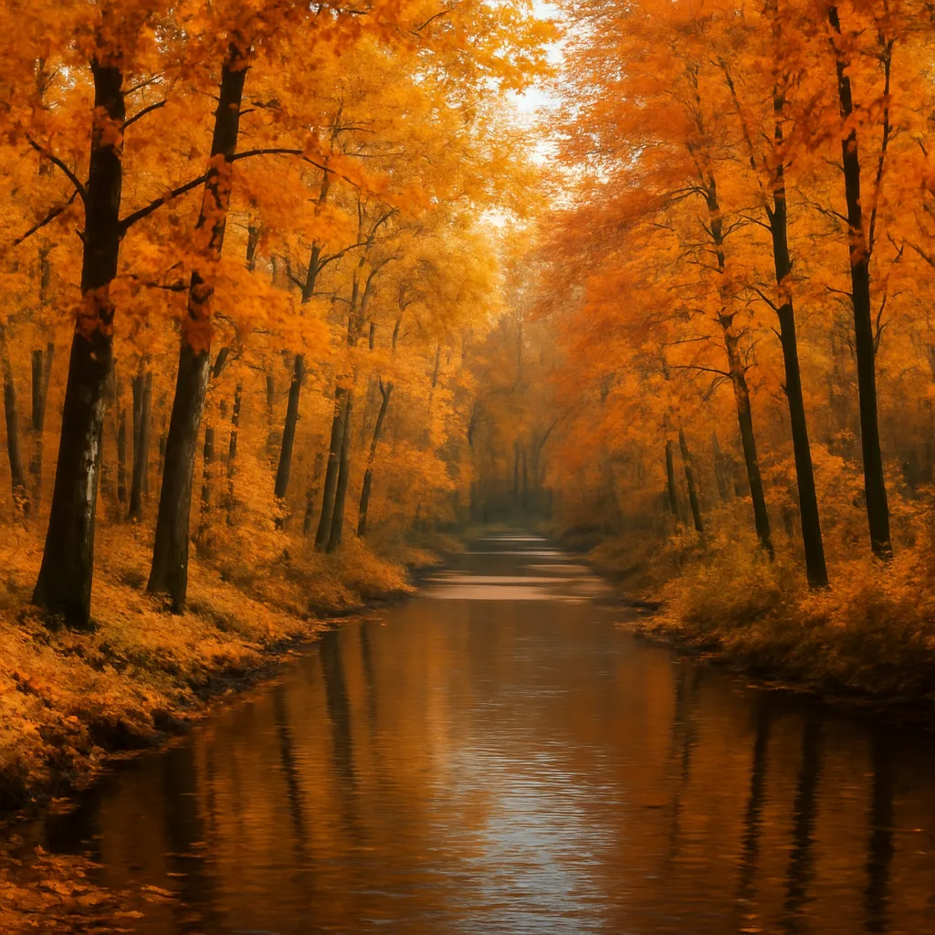 Forêt polesienne ukrainienne en automne, rivière calme et feuilles dorées