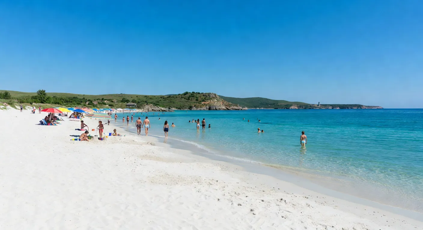 Plage de la mer Noire en Ukraine, sable blanc et eau bleue