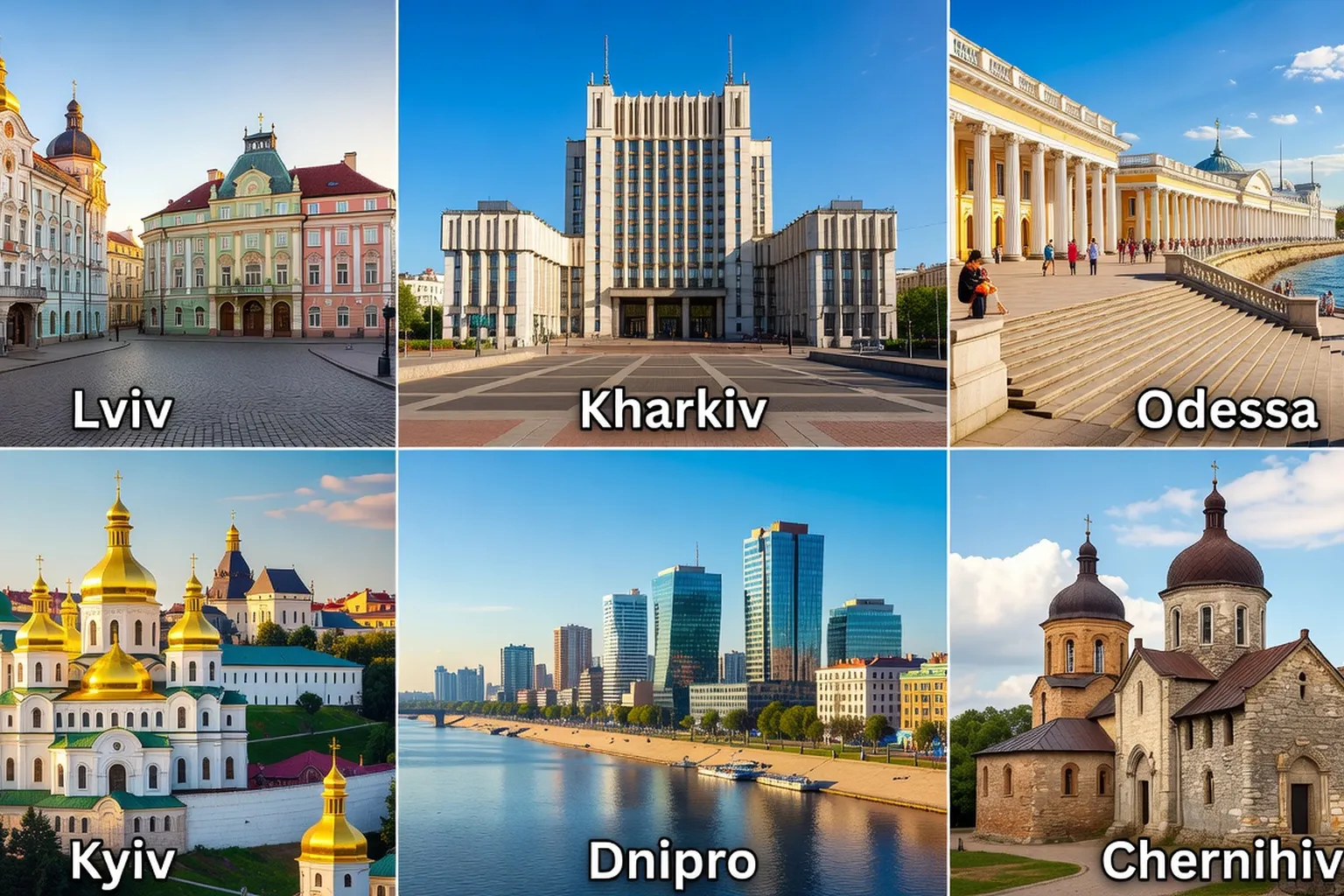 Collage des capitales regionales ukrainiennes : Lviv, Kharkiv, Odessa, Kyiv, Dnipro, Tchernihiv