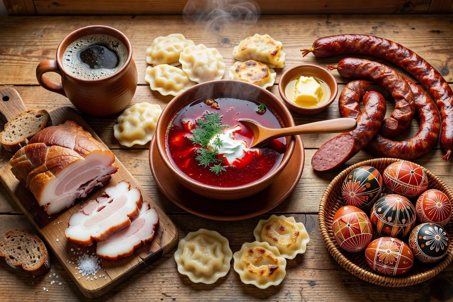 Specialites culinaires des oblasts ukrainiens : borscht, salo, varenyky, kovbasa