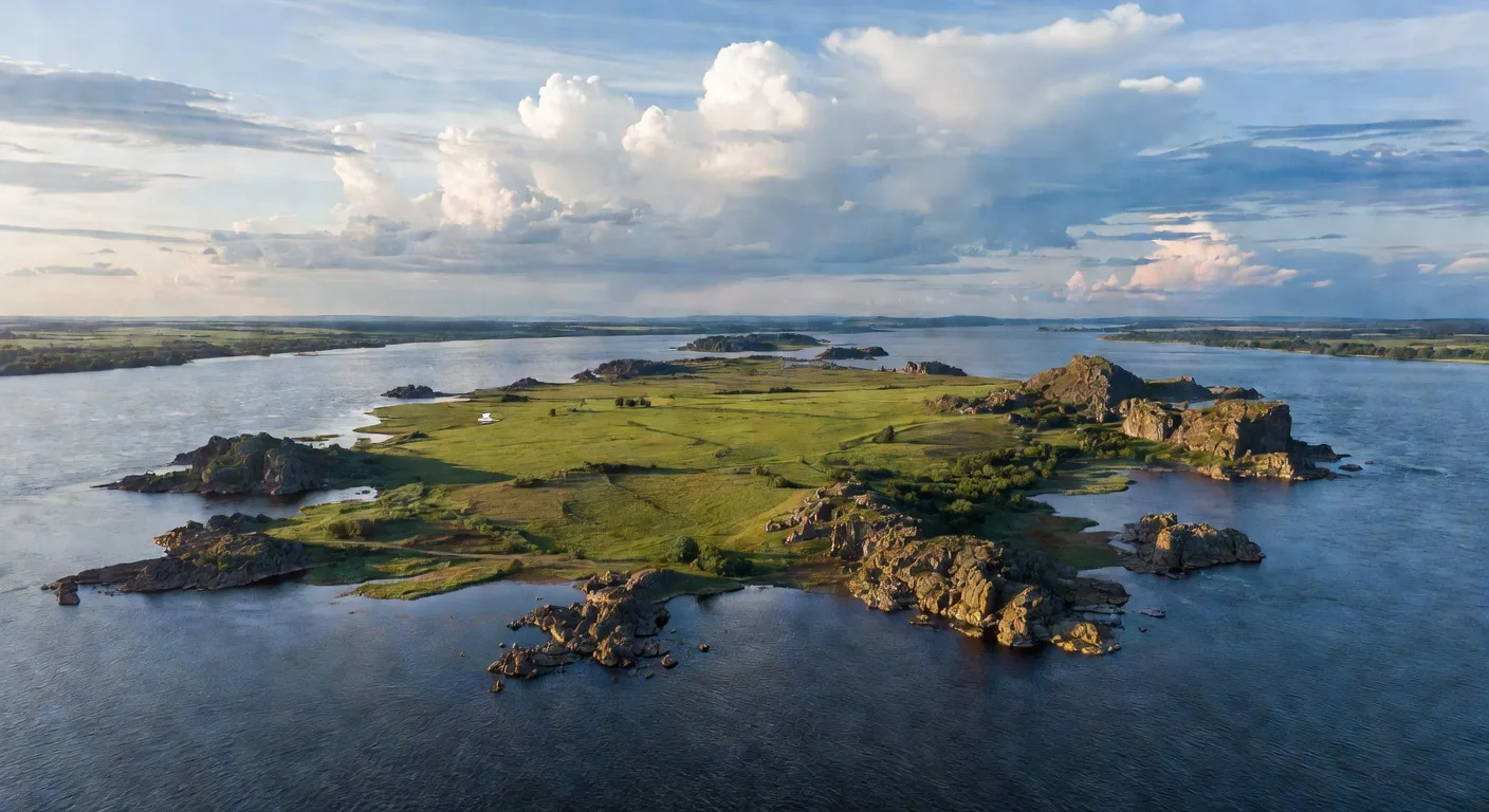 Vue aerienne de l'ile de Khortytsia sur le Dnipro, terre des Cosaques zaporogues
