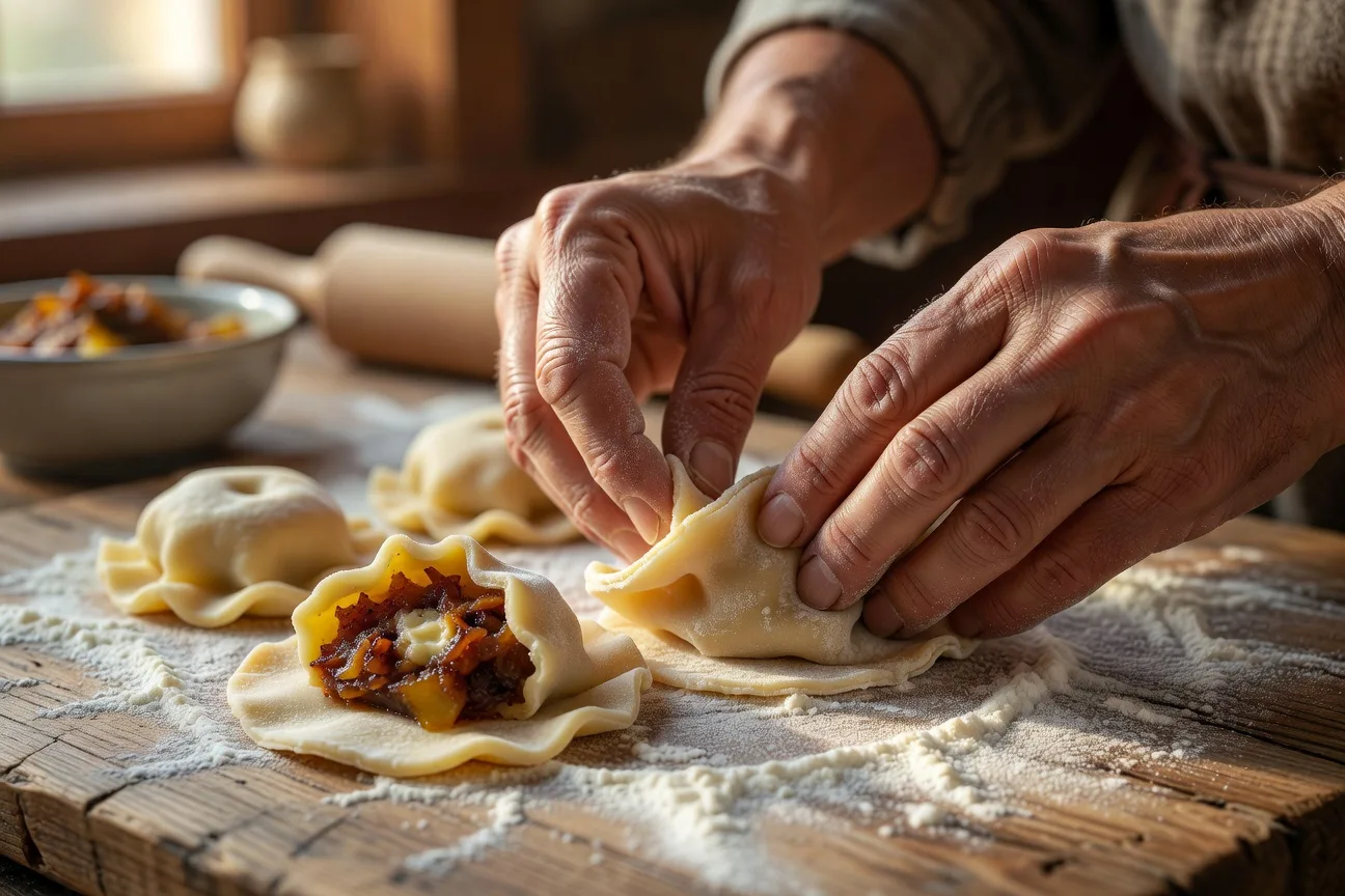 Mains preparant des varenyky ukrainiens sur un plan de travail farine