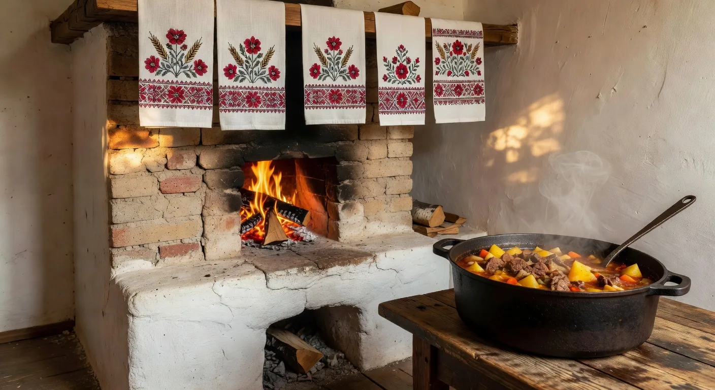 Four traditionnel ukrainien (pich) avec marmite en fonte dans une cuisine rurale