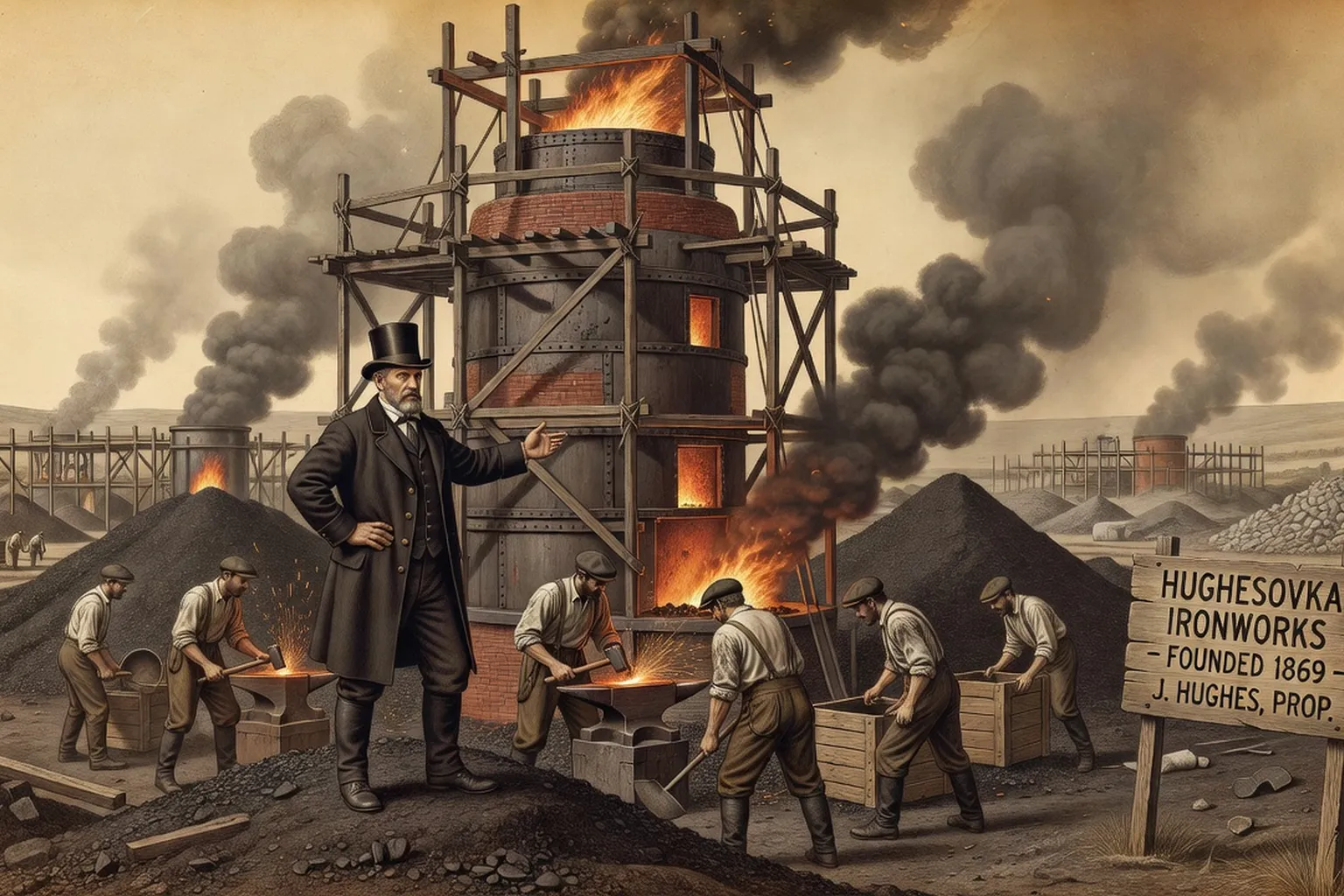 John Hughes industriel gallois fondateur de Hughesovka en 1869, hauts-fourneaux Donbass