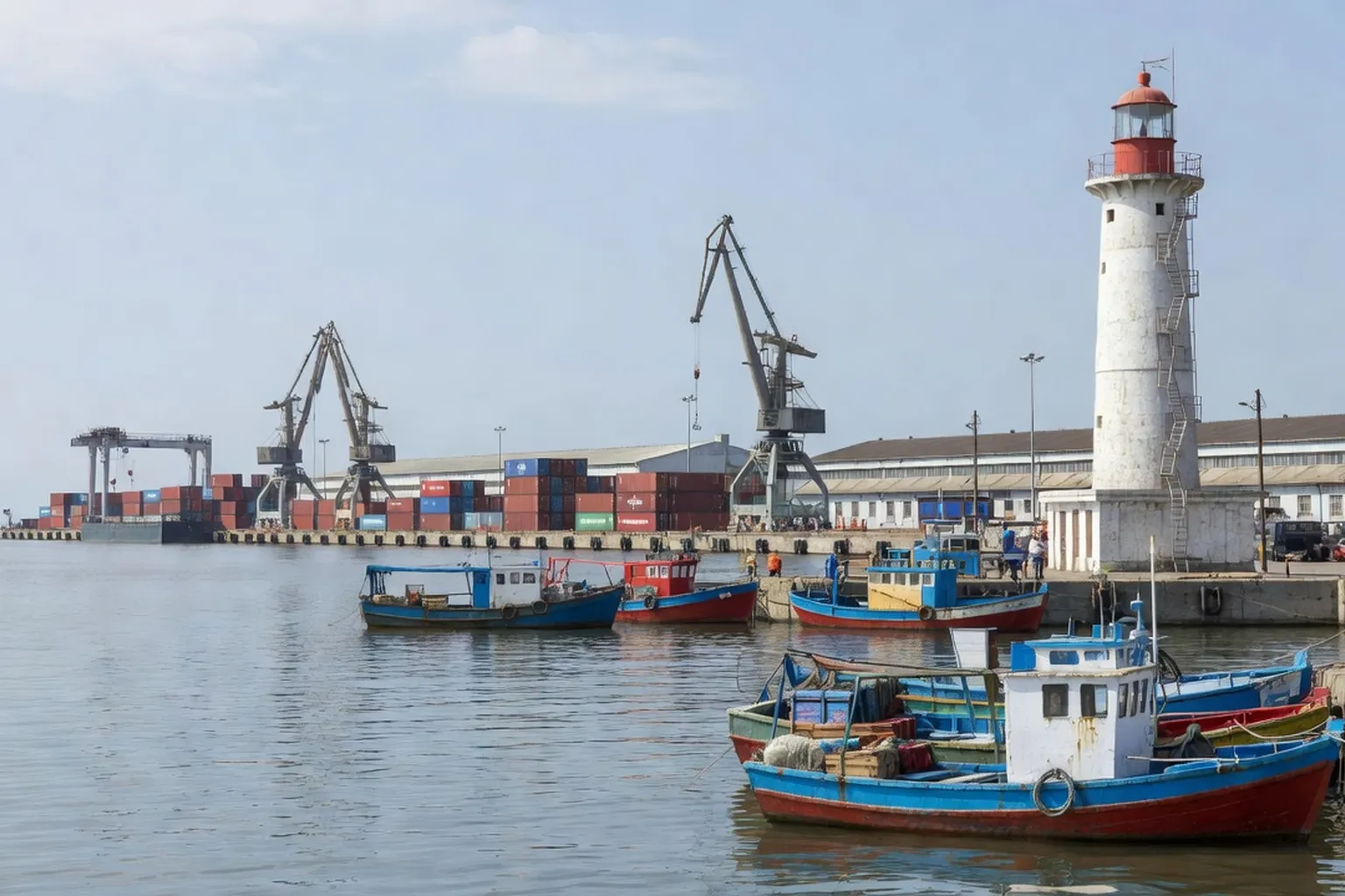 Port de Mariupol sur la mer d'Azov avant 2022, bateaux de peche et phare