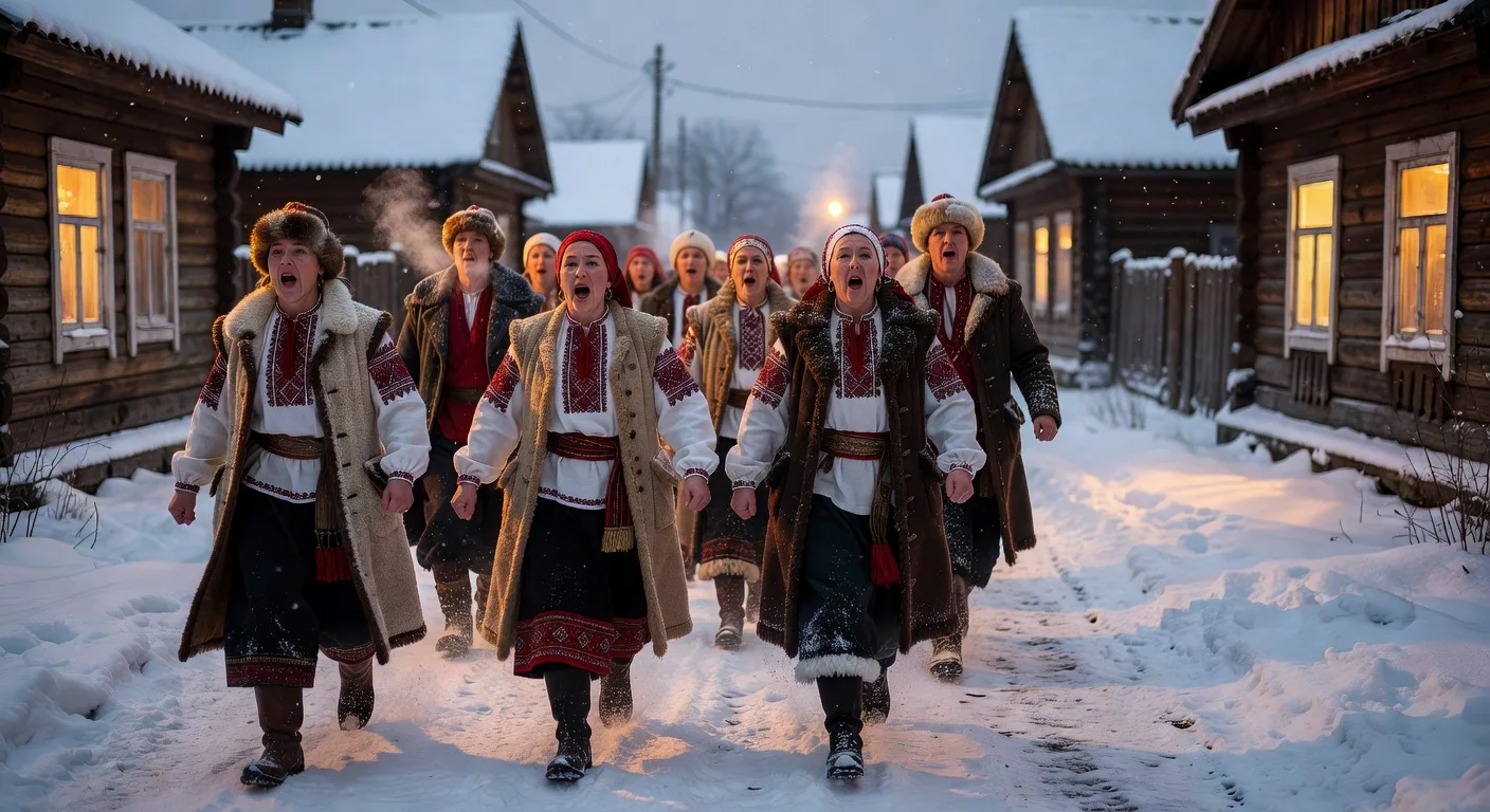 Procession de Vertep dans un village ukrainien sous la neige avec costumes traditionnels brodes