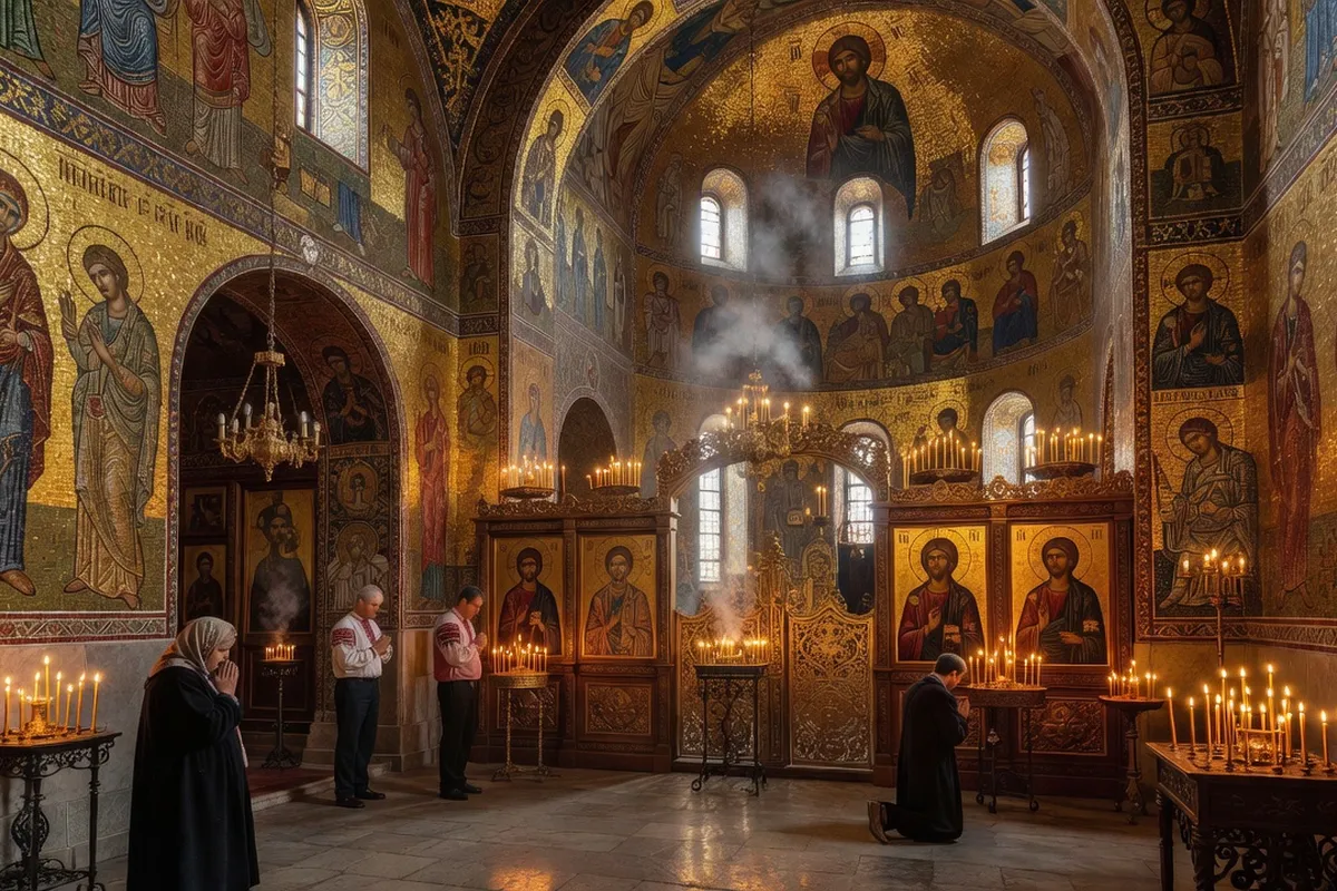 Intérieur d'une église orthodoxe ukrainienne, mosaïques byzantines dorées et bougies allumées