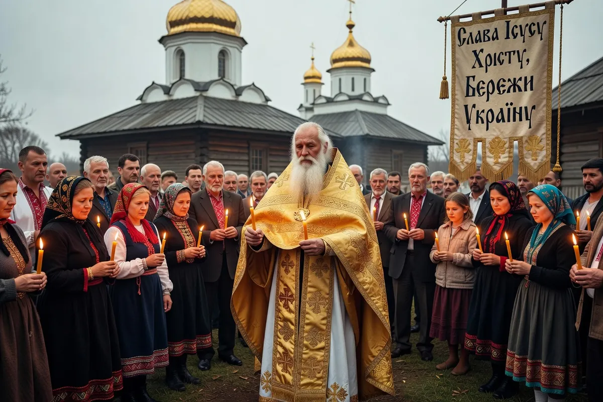 Cérémonie orthodoxe ukrainienne extérieure, prêtre en soutane dorée, fidèles avec bougies allumées