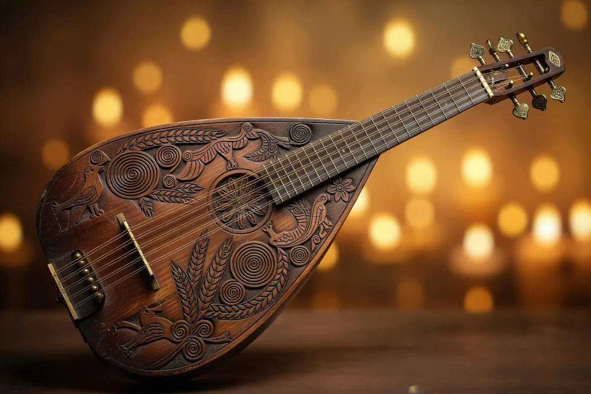 Gros plan d'une bandura ukrainienne traditionnelle, instrument national à cordes avec bois sculpté