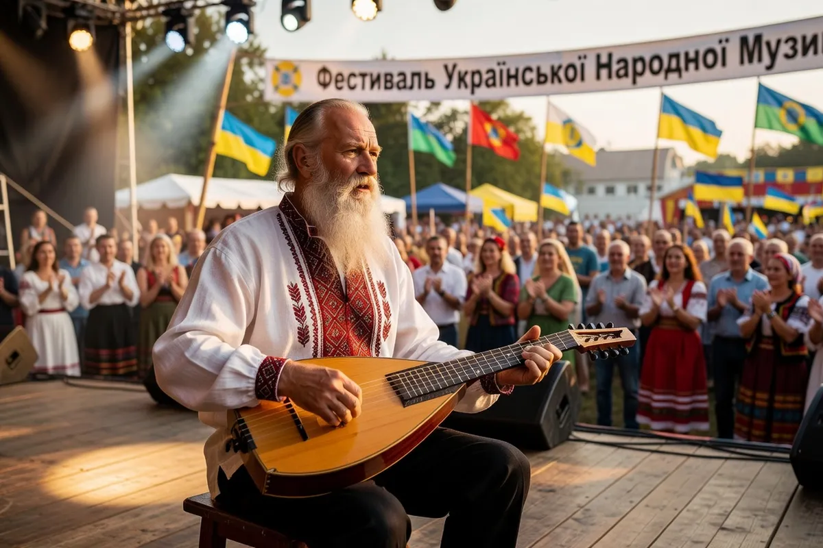 Performance de kobzar ukrainien en vyshyvanka jouant la bandura sur scène, public en arrière-plan