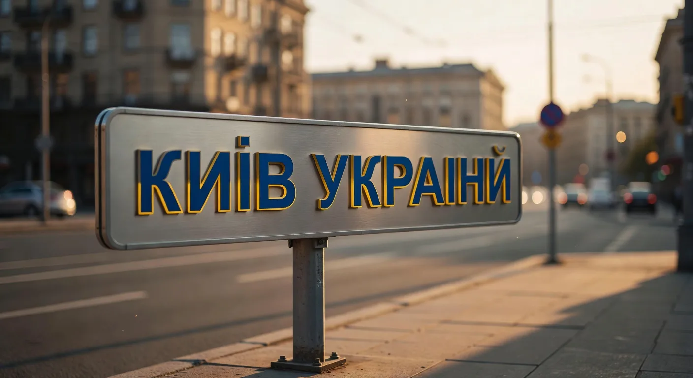 Panneau de rue en ukrainien a Kiev avec lettres cyrilliques bleues et accents jaunes