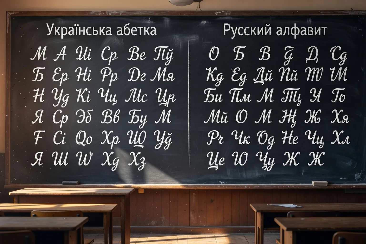 Comparaison des alphabets cyrilliques ukrainien et russe au tableau noir