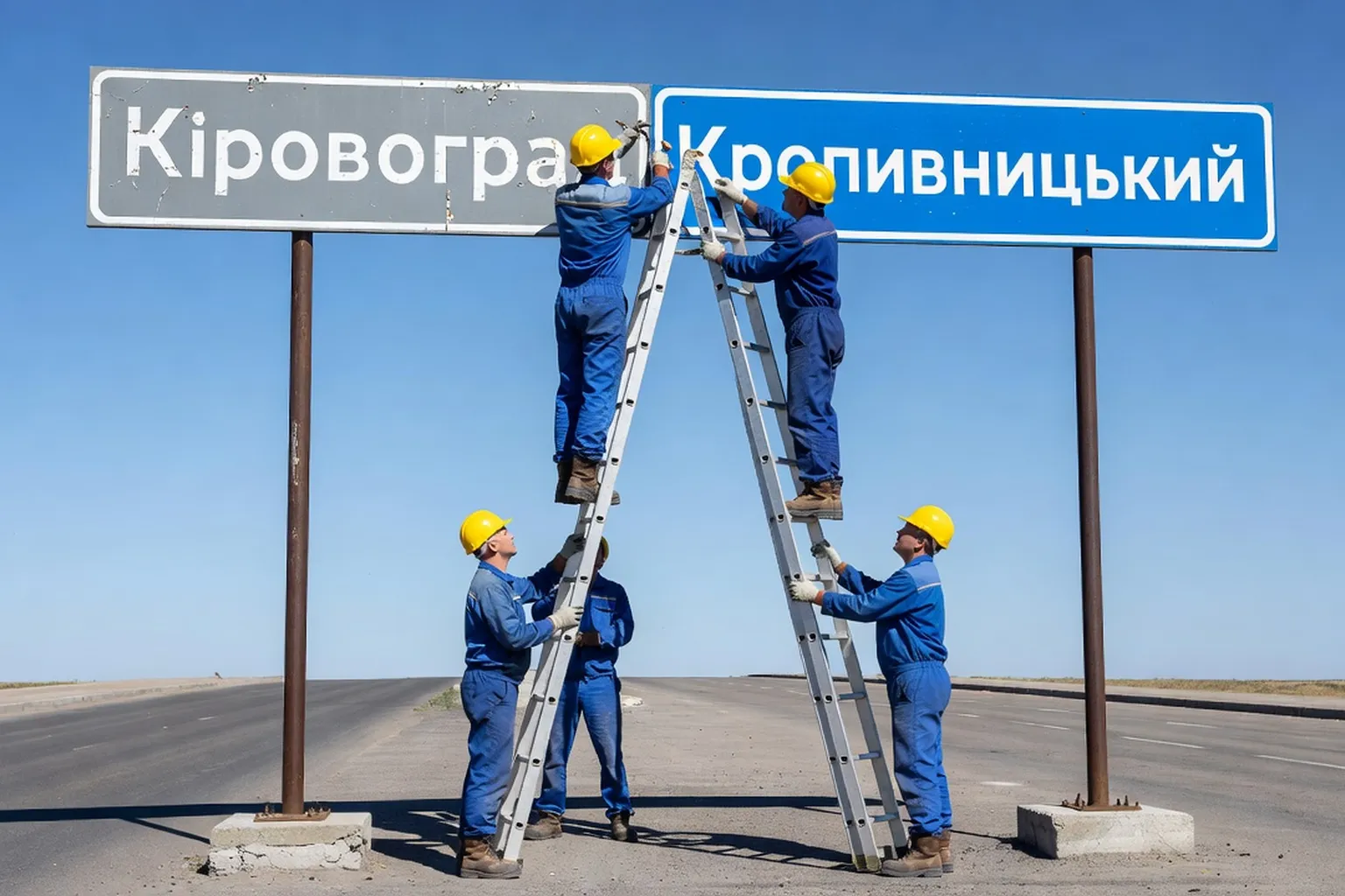 Changement de panneau Kirovograd vers Kropyvnytskyi pendant la decommunisation 2015