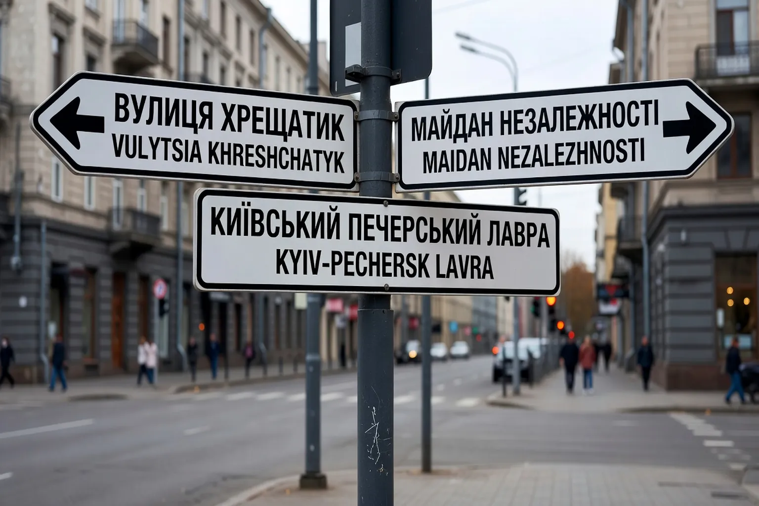 Panneaux directionnels urbains \u00e0 Kiev avec noms ukrainiens et translitt\u00e9rations latines
