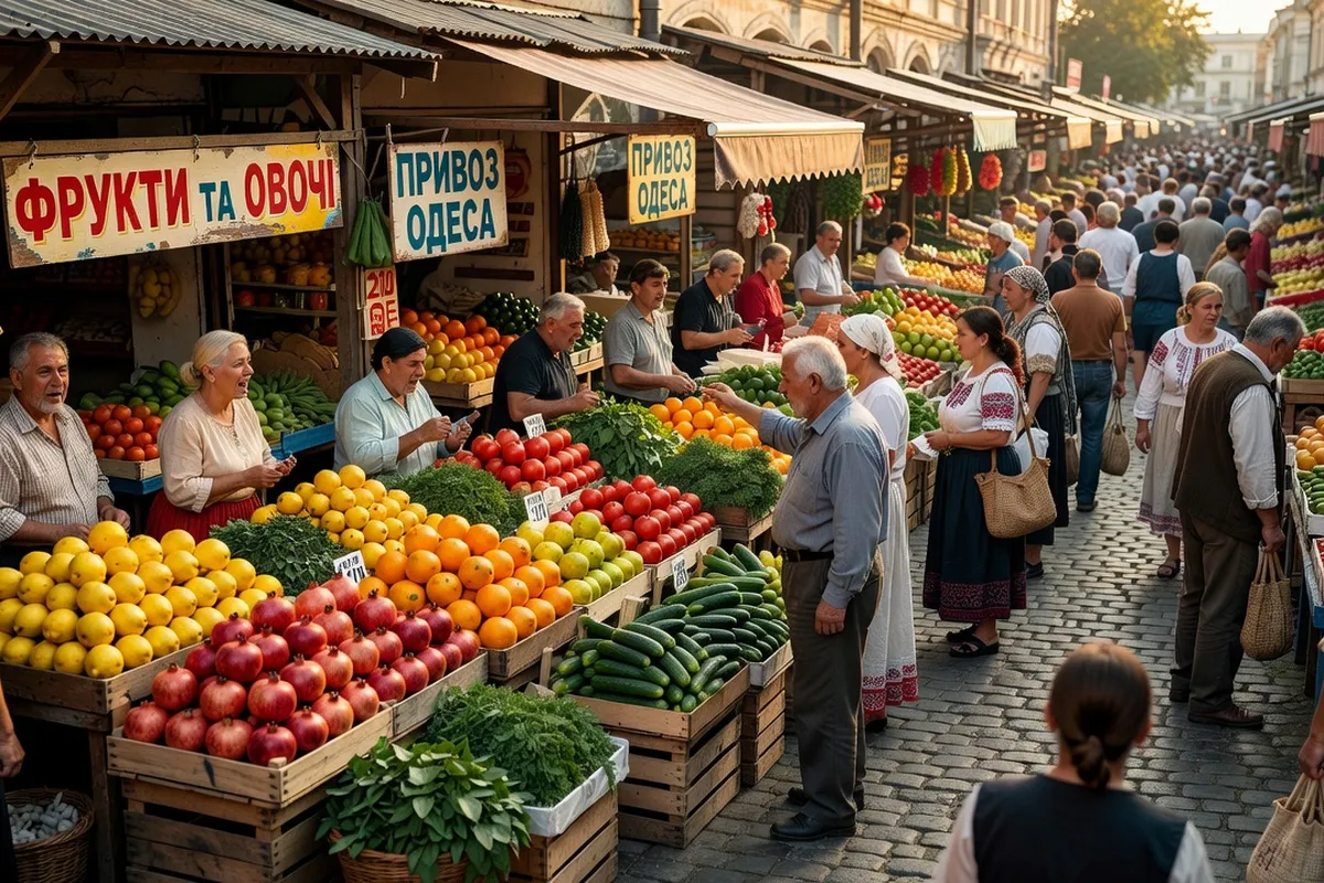Marché Pryvoz d'Odessa animé, vendeurs colorés, ambiance multiethnique typique