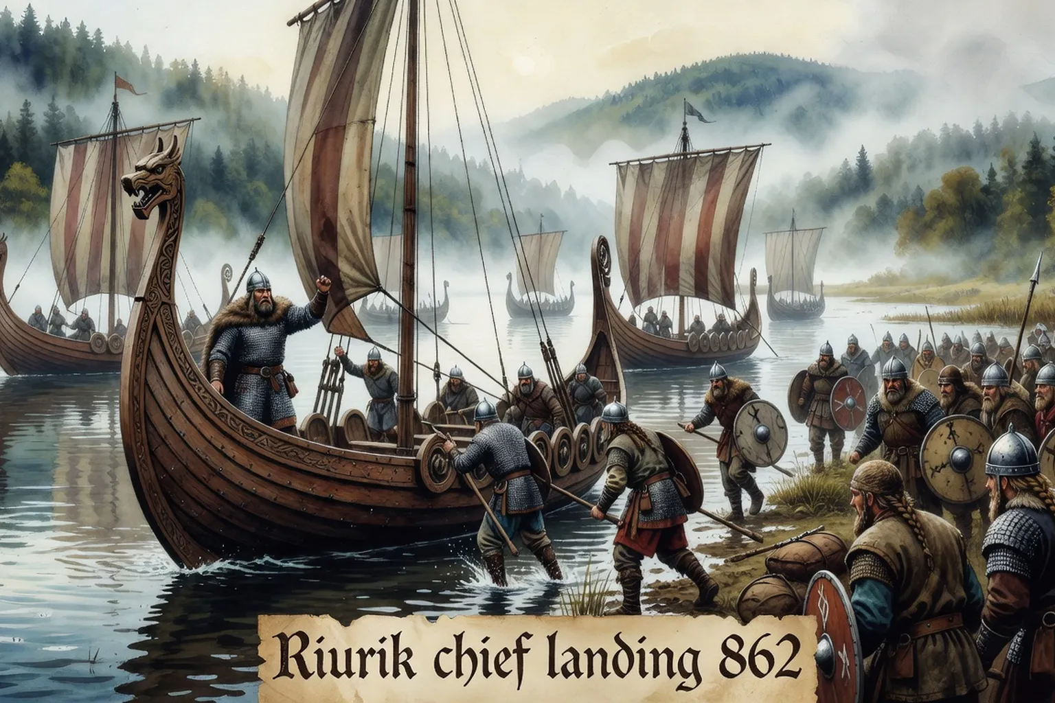 Guerriers slaves et varegues debarquant sur le Dniepr, fondation de la Rus de Kiev en 862