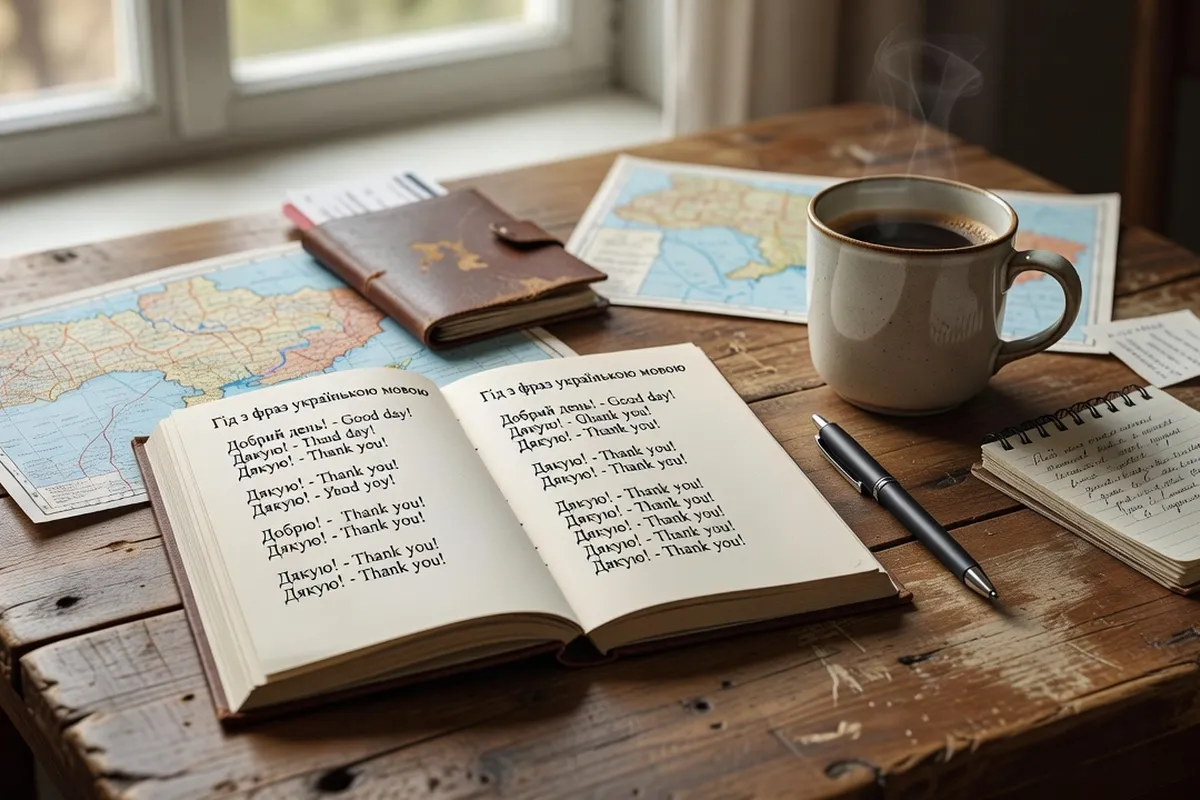 Phrasebook touristique ukrainien ouvert sur une table de café, ambiance apprentissage