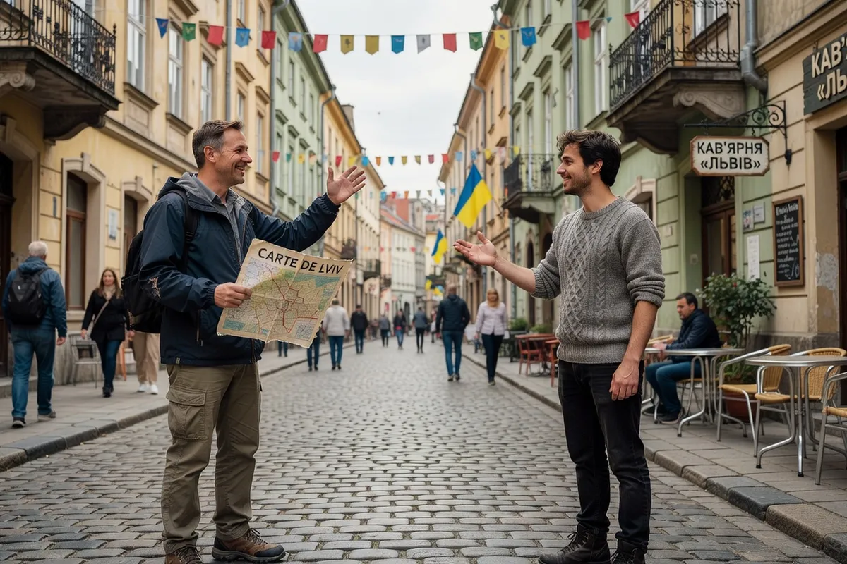 Touriste francophone discutant avec un local ukrainien dans une rue de Lviv