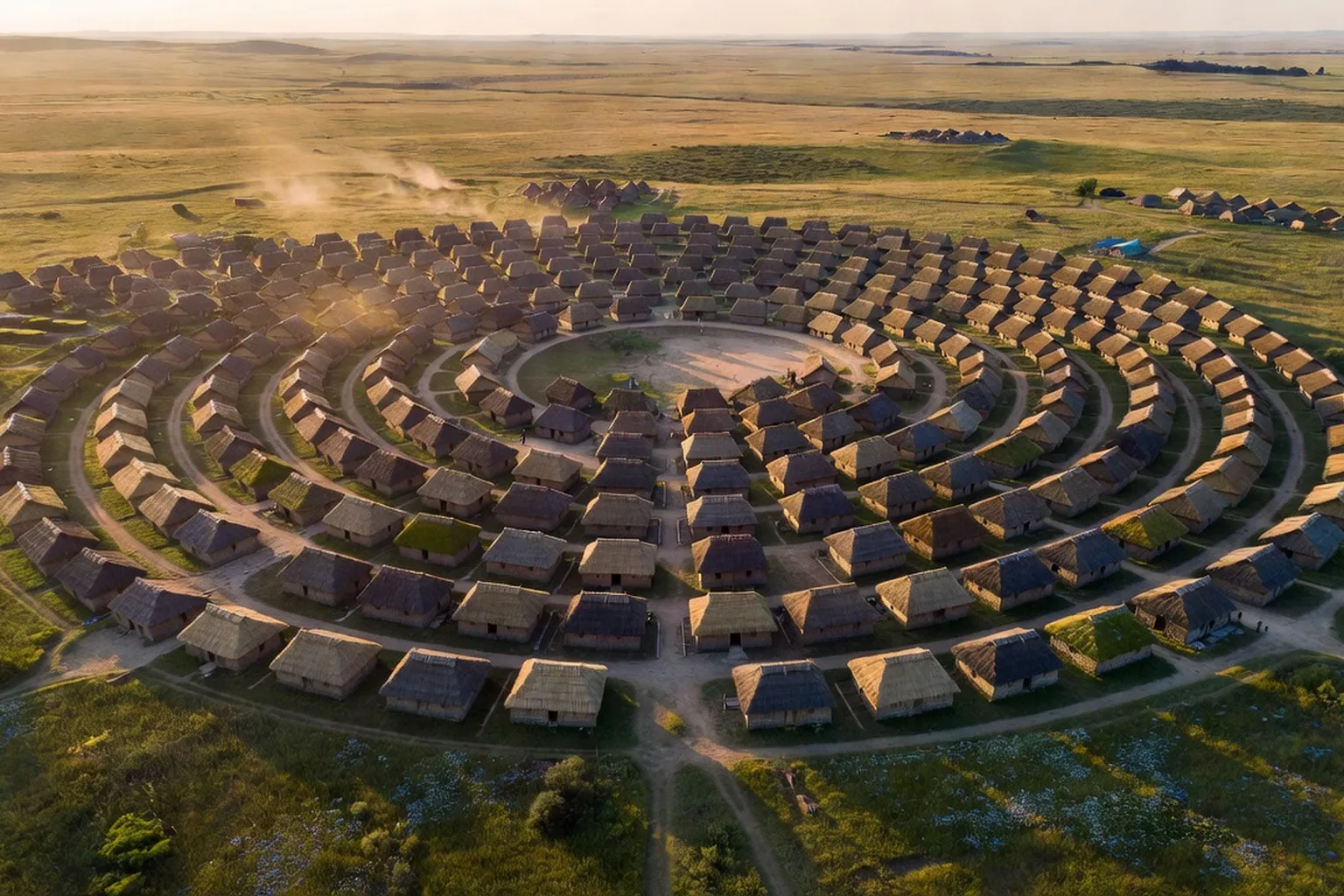 Vue aerienne reconstituee d'une megacite Trypillia avec habitats concentriques, neolithique ukrainien