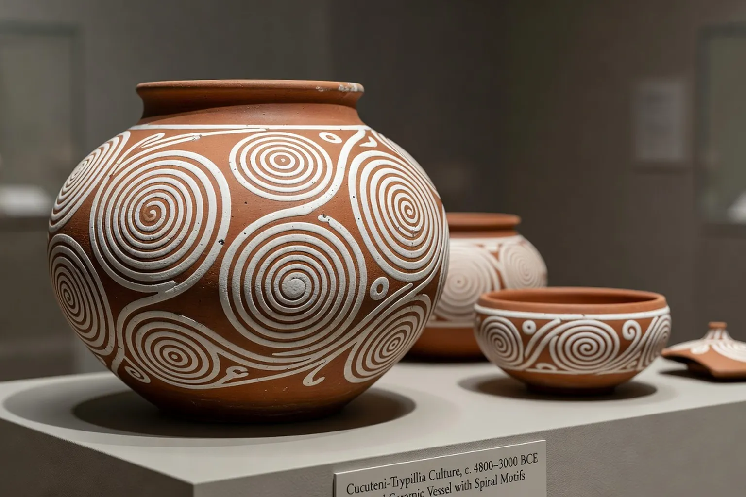 Ceramique peinte Cucuteni-Trypillia, motifs spirales sur terre cuite, exposition musee