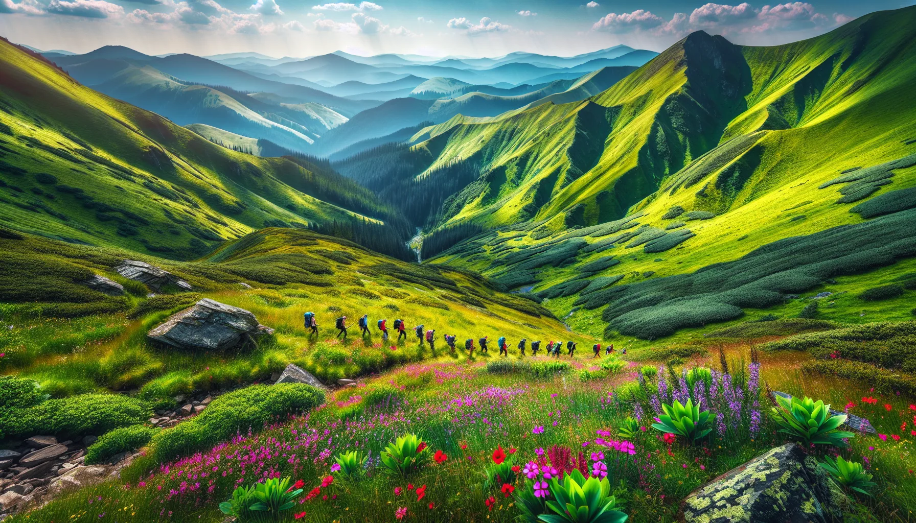 Randonneurs sur un sentier des Carpates ukrainiennes