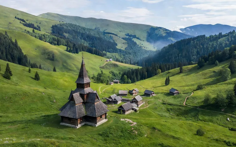 Carpathian Mountains Ukraine green valley with traditional wooden church