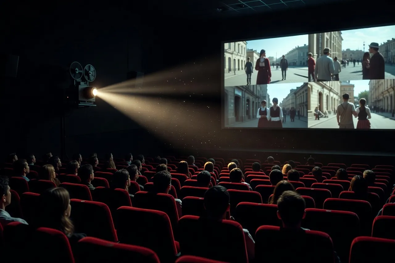 Salle de cinéma ukrainienne avec affiches de films et projecteur ancien