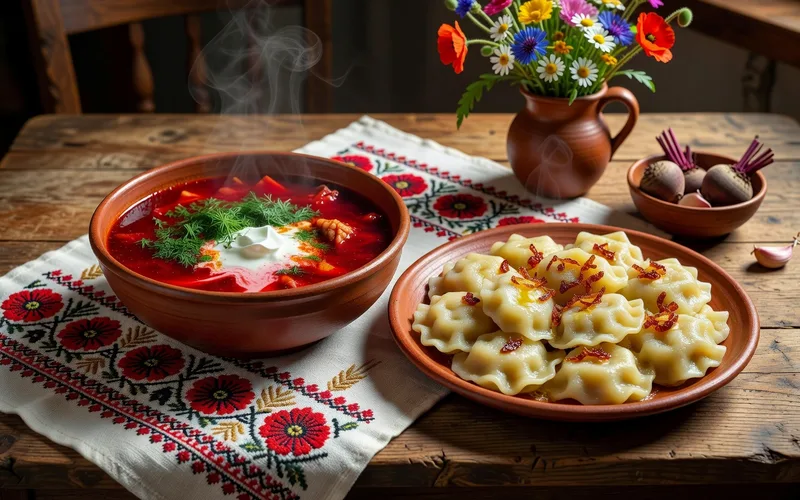 Table garnie de plats traditionnels ukrainiens avec bortsch, varenyky et pain frais