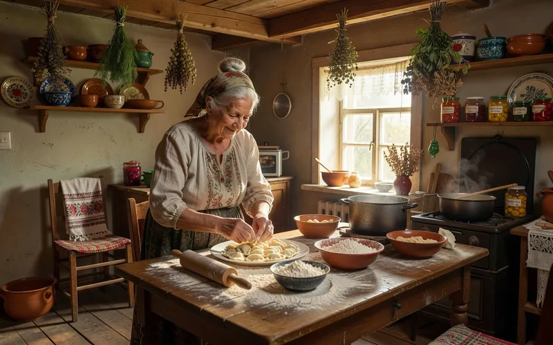 Assiette de varenyky ukrainiens garnis de cr&egrave;me aigre et d'oignons frits