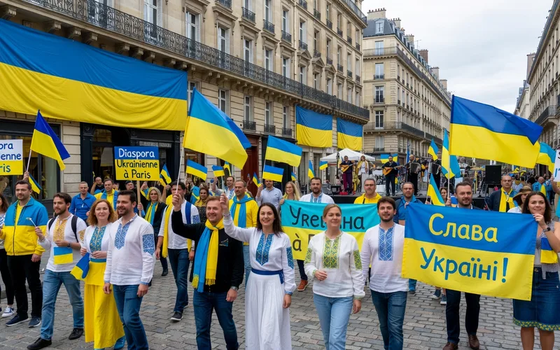Drapeaux ukrainien et fran&ccedil;ais c&ocirc;te &agrave; c&ocirc;te lors d'une manifestation de solidarit&eacute;