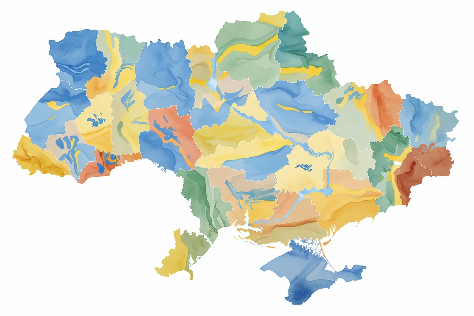 Carte topographique stylisee de l'Ukraine et de ses 24 oblasts administratifs