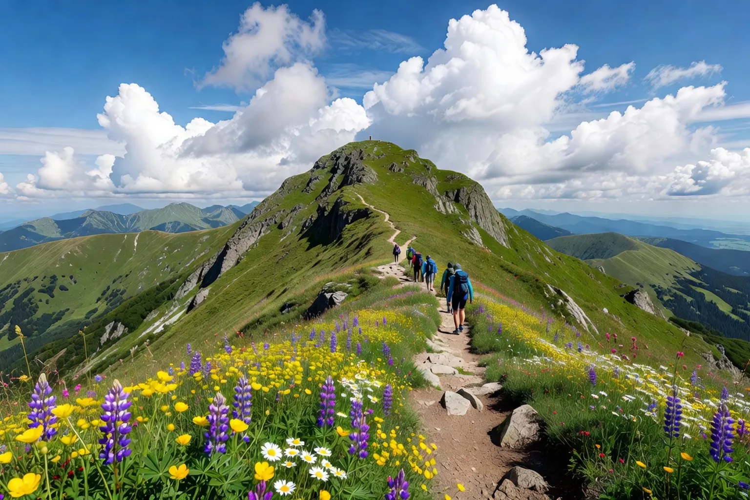 Sommet du mont Hoverla 2061 m dans les Carpates ukrainiennes, prairies estivales et randonneurs