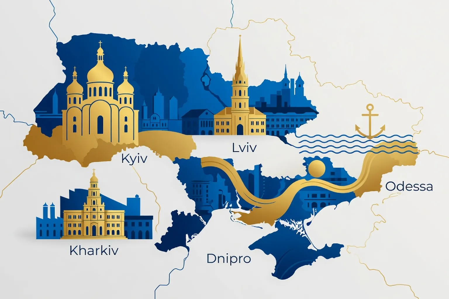 Montage des cinq grandes villes ukrainiennes : Kyiv, Lviv, Odessa, Kharkiv et Dnipro