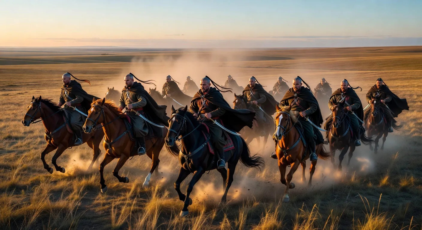 Reconstitution de cosaques zaporogues a cheval dans la steppe ukrainienne
