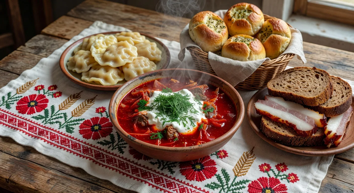 Table ukrainienne traditionnelle avec borshch, varenyky et pain noir sur nappe brodee