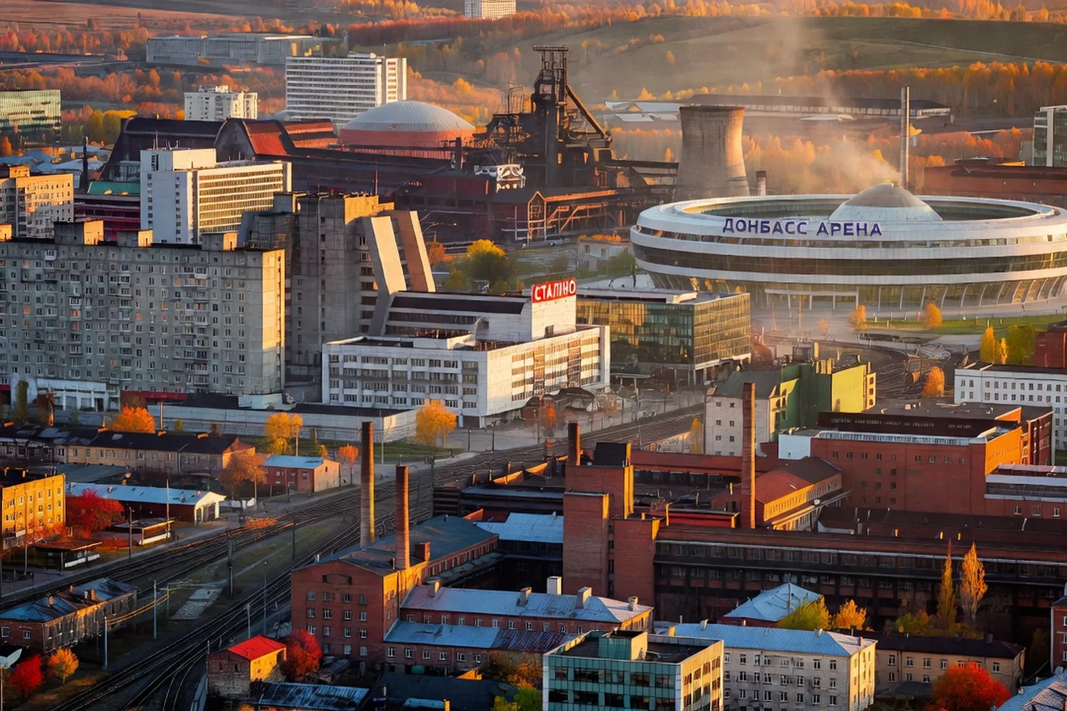 Donetsk avant 2022, paysage industriel post-sovietique avec architecture mixte