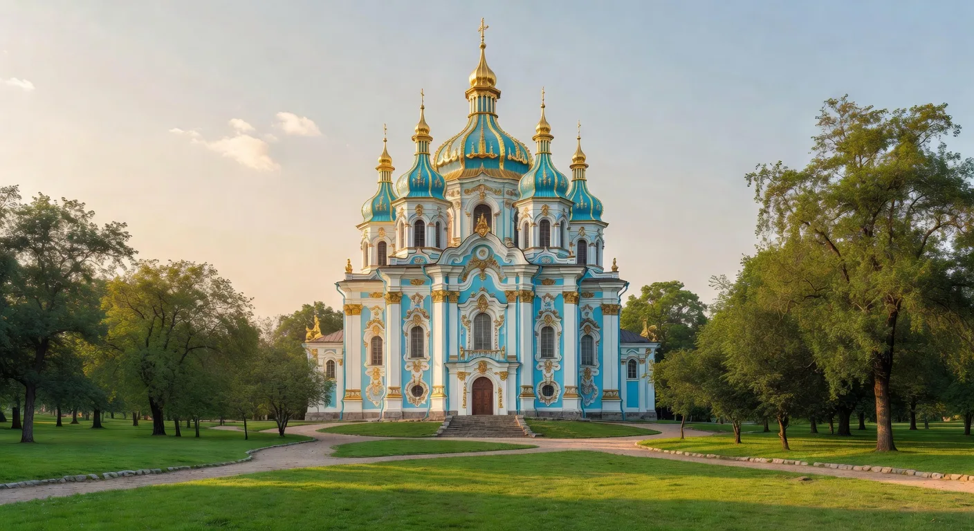 Eglise Saint-Andre de Kiev avec ses cinq coupoles turquoise et or, baroque ukrainien