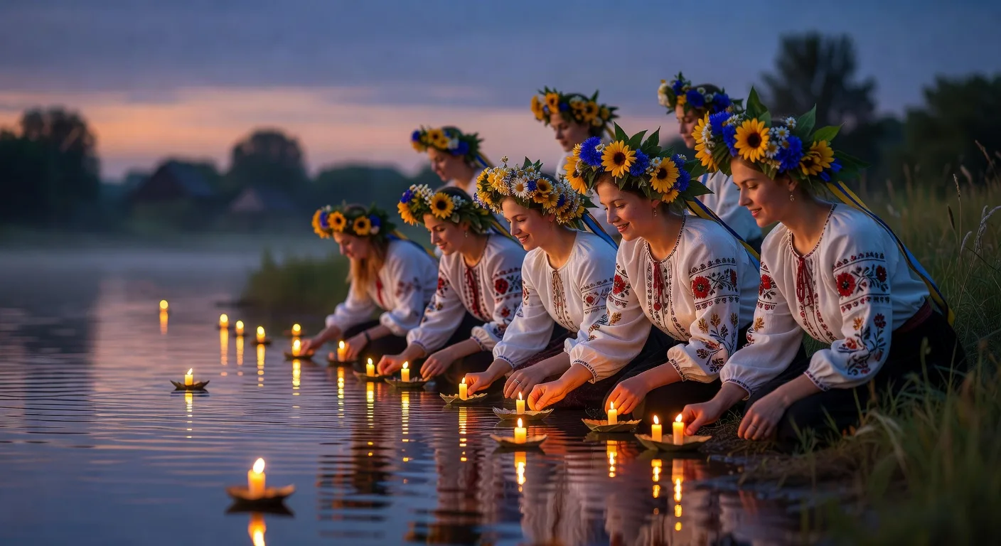 Jeunes femmes ukrainiennes avec couronnes de fleurs (vinok) au festival d'Ivana Kupala