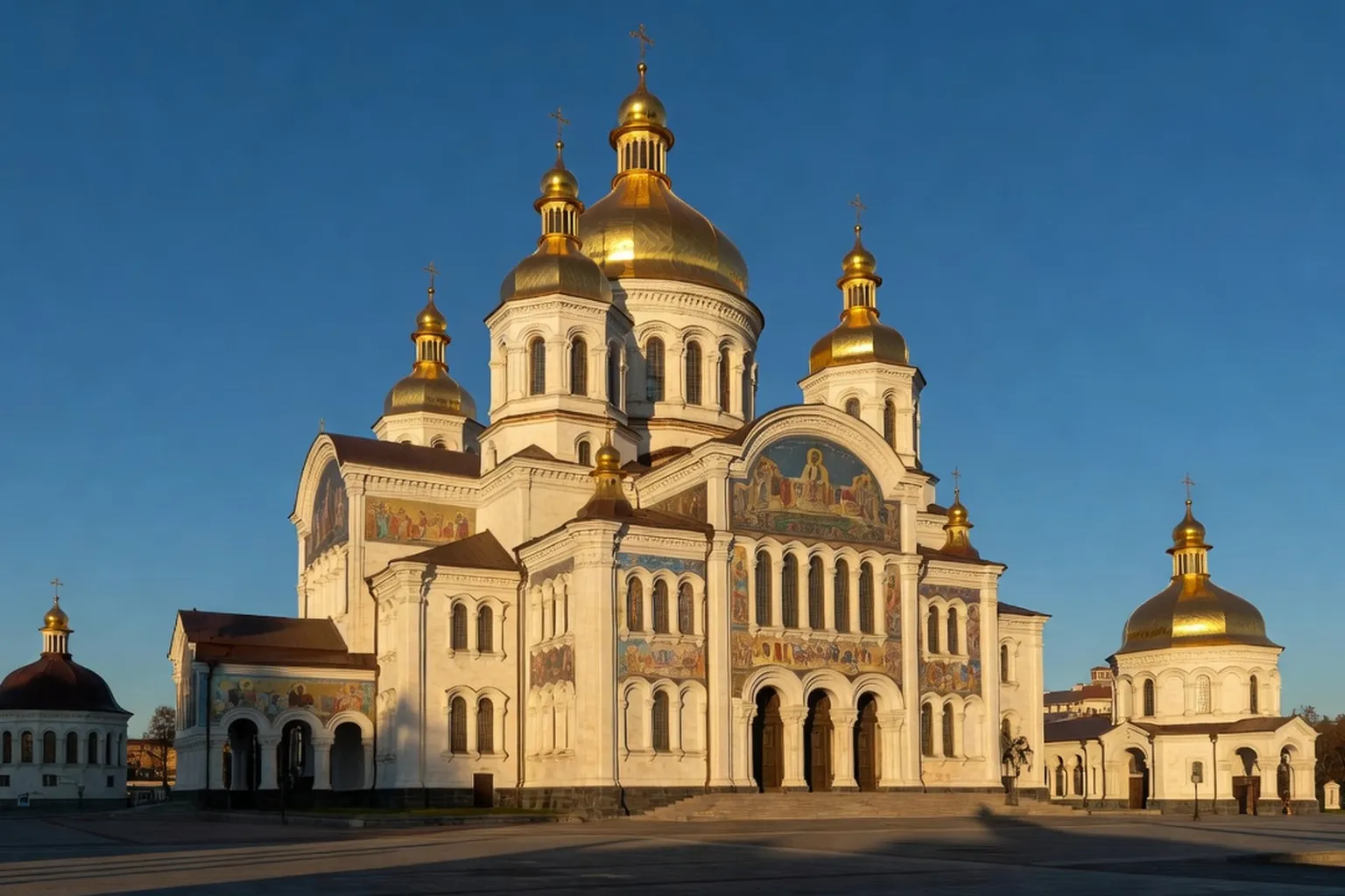 La cathédrale Sainte-Sophie de Kiev avec ses dômes dorés, lumière dorée du matin, ciel bleu, architecture byzantine