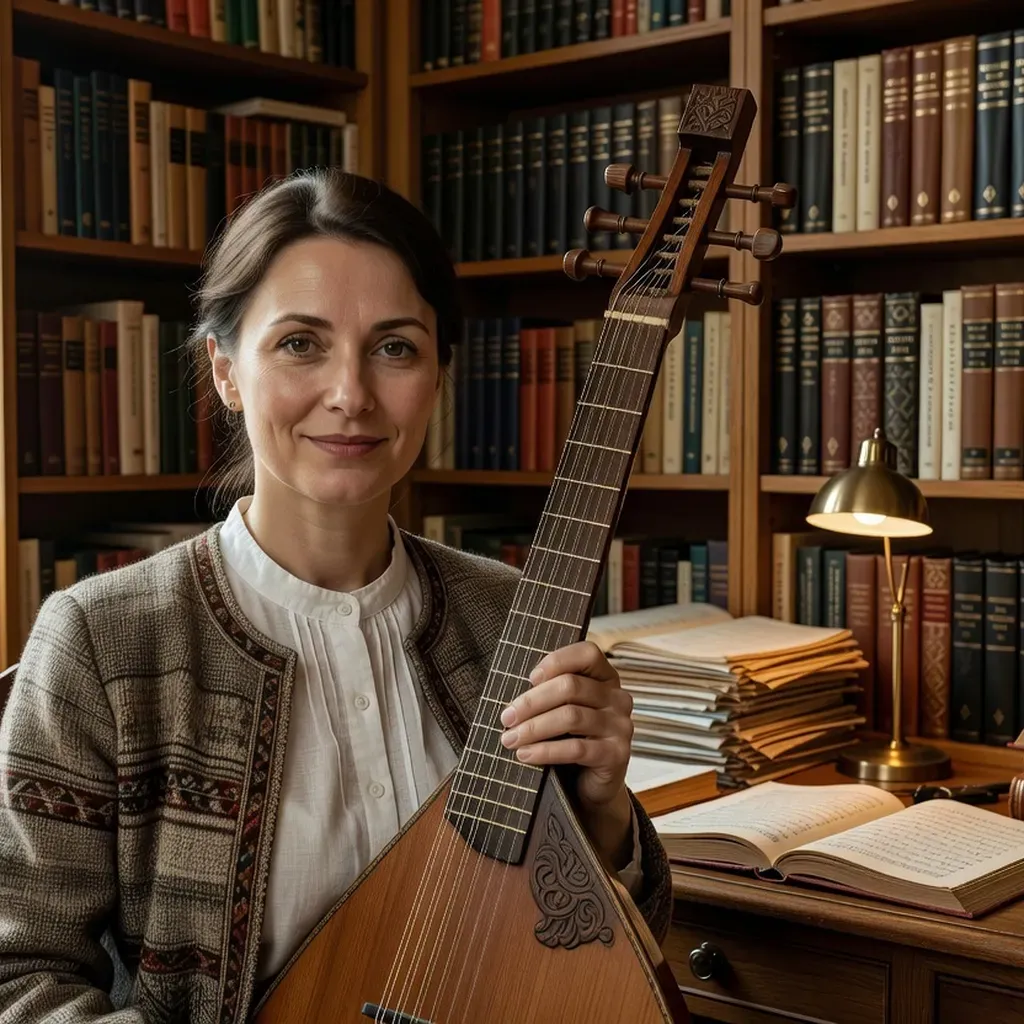 Dr. Oksana Petrenko, ethnomusicologue ukrainienne, tenant une bandura traditionnelle dans sa bibliothèque à Kyiv