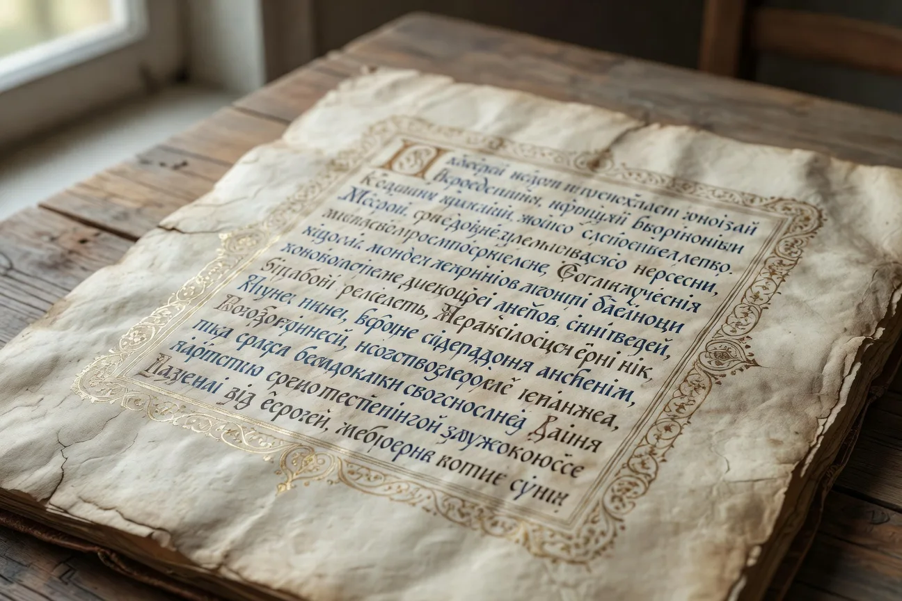 Manuscrit ukrainien en alphabet cyrillique sur parchemin ancien