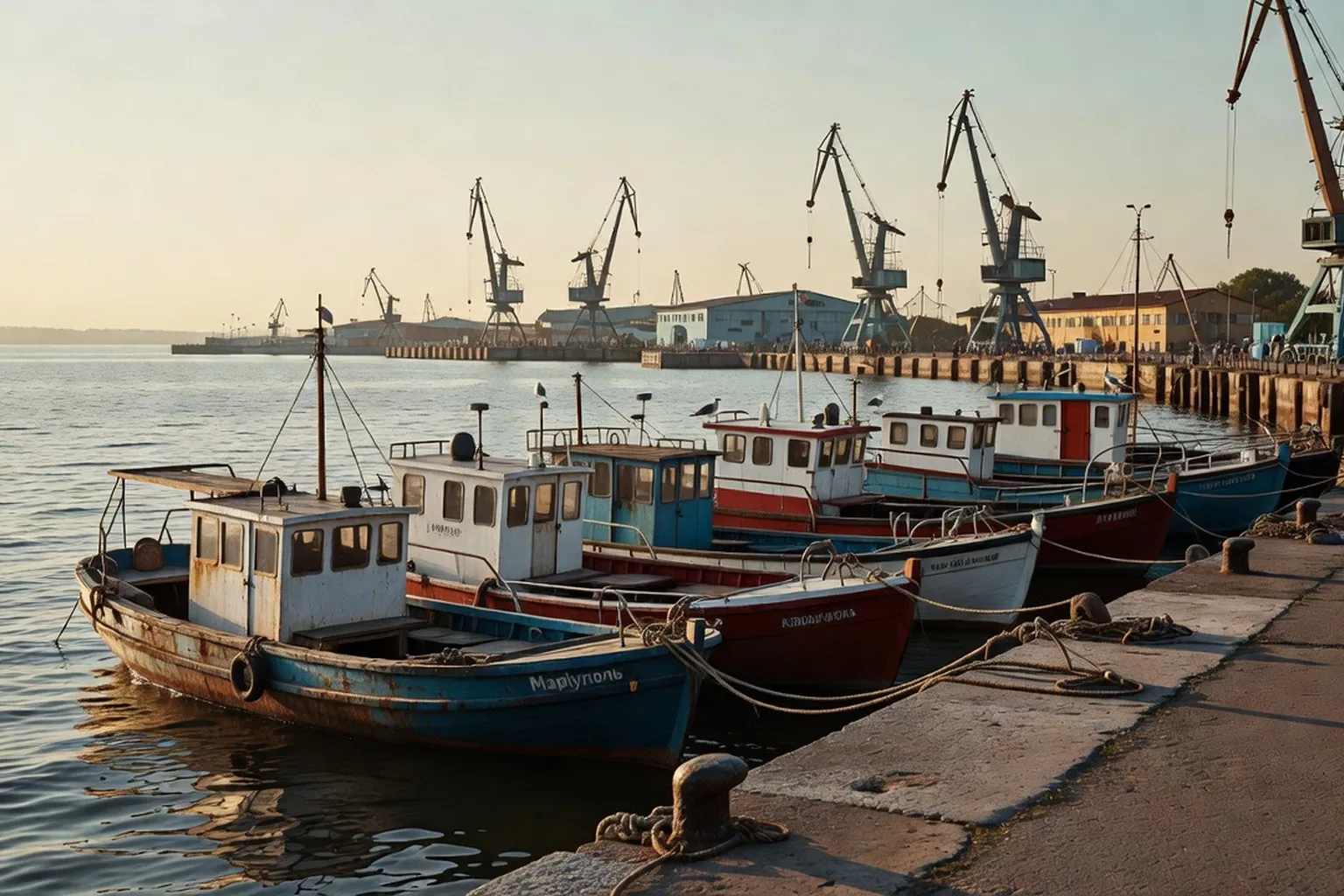Port de Marioupol au bord de la mer d'Azov, bateaux de pêche et quai ukrainien avant 2022
