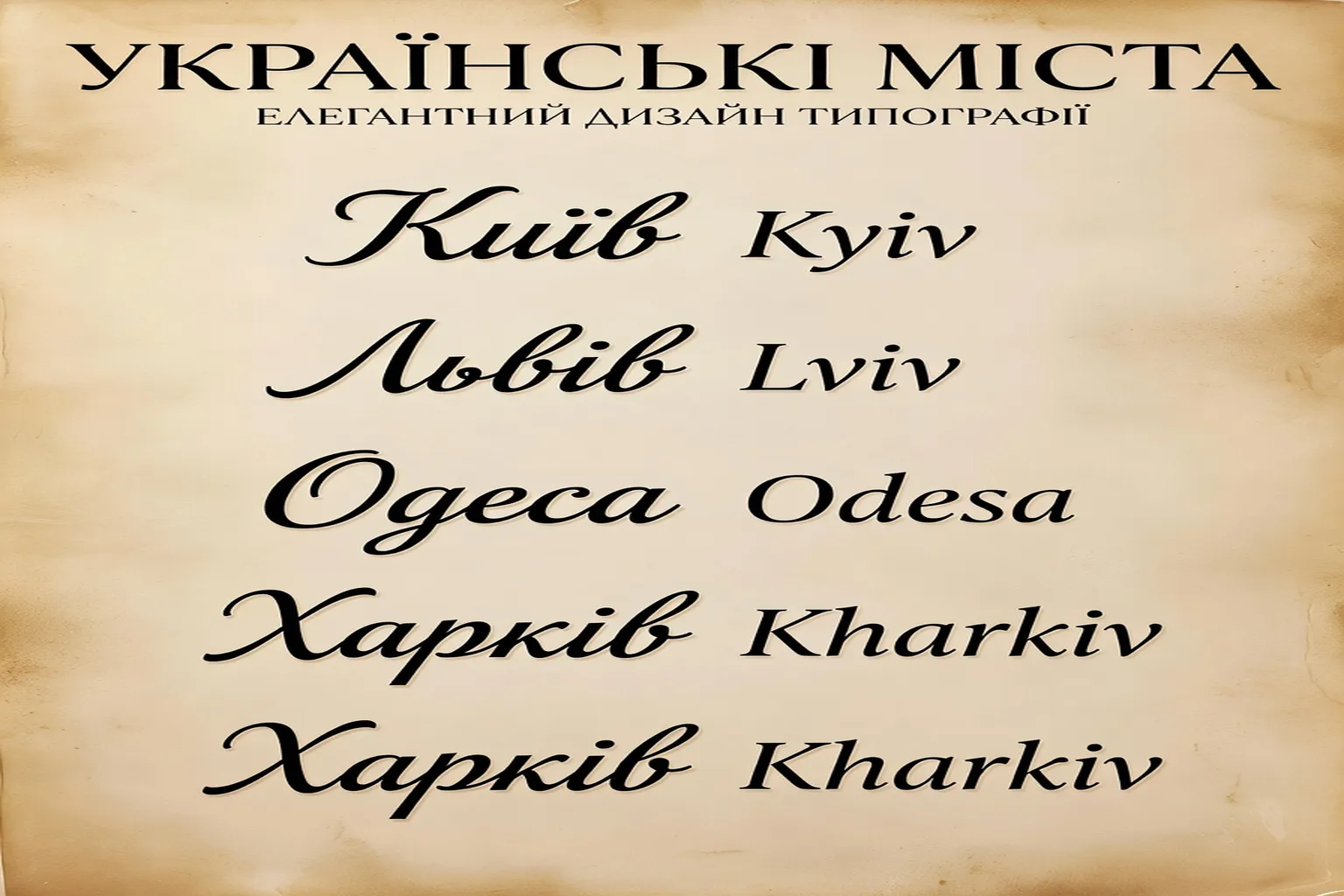 Typographie &eacute;l&eacute;gante montrant les noms de villes ukrainiennes en cyrillique et latin