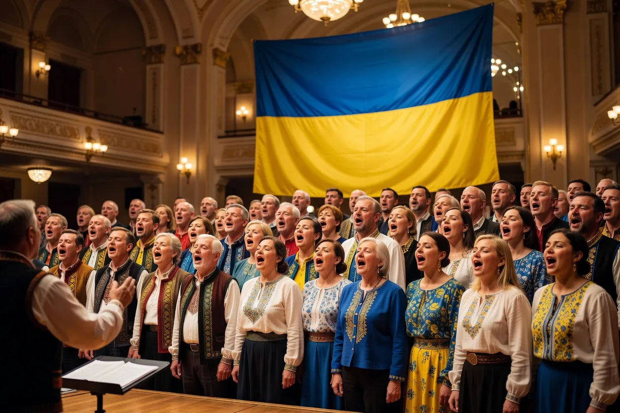 Chorale ukrainienne chantant l'hymne national avec un drapeau bleu et jaune en arrière-plan