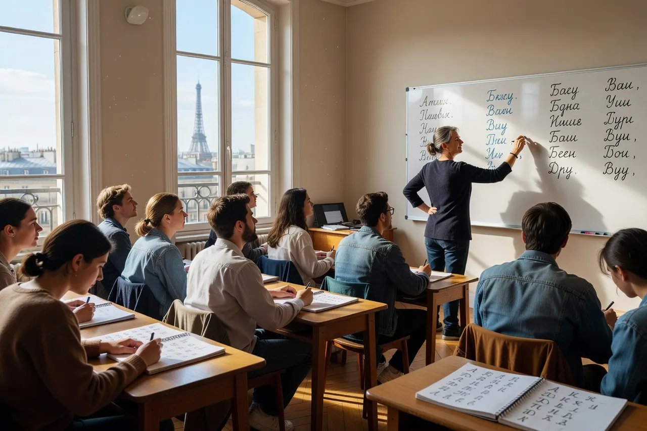 Dre Mariana Lesiv montrant la différence de prononciation entre les lettres ukrainiennes і et и sur un tableau