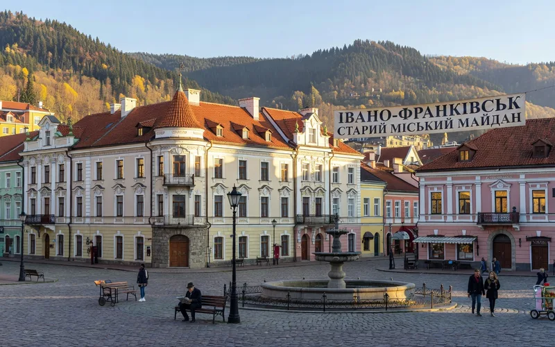 Ivano-Frankivsk old town square with Austro-Hungarian architecture