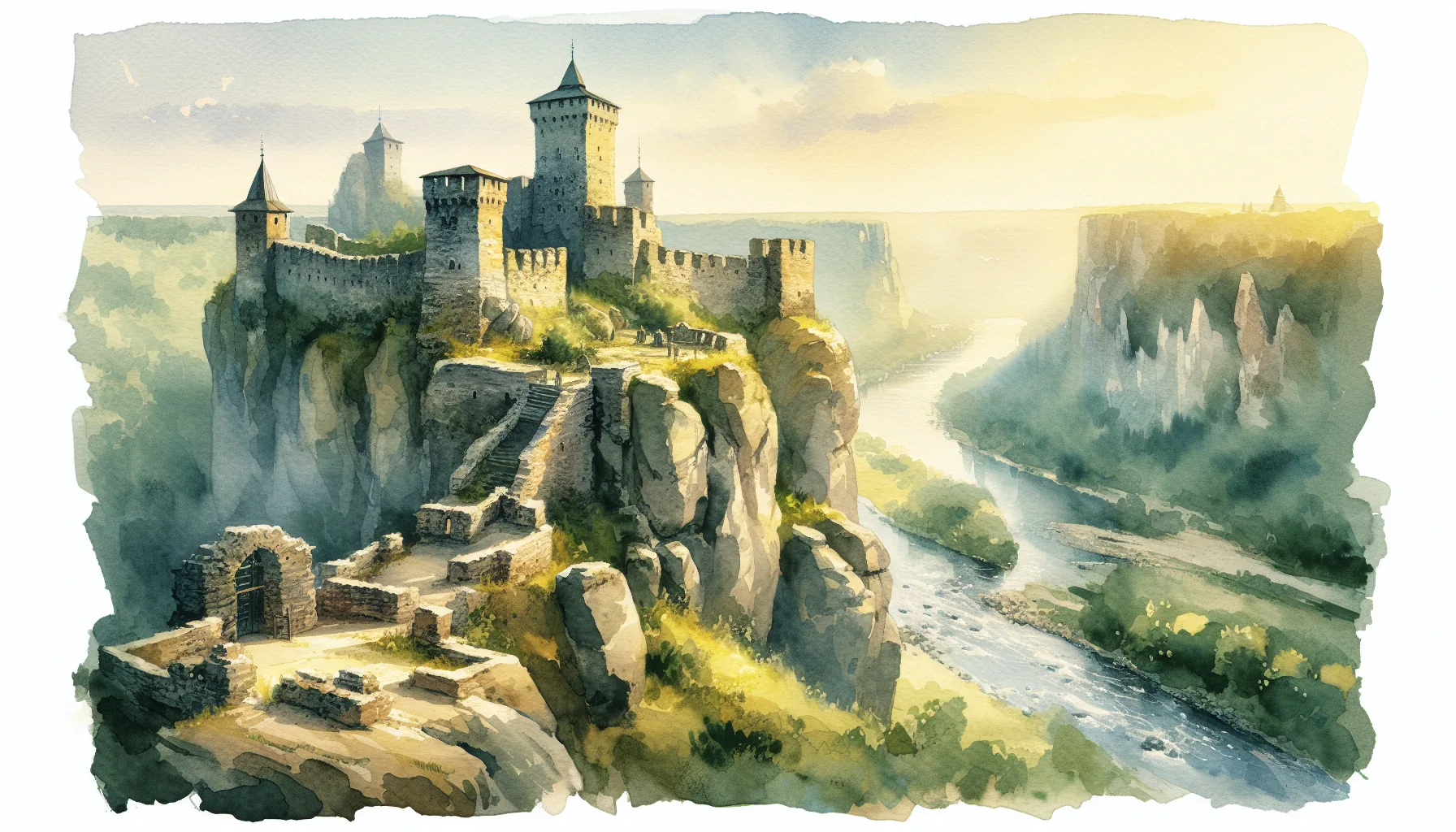 La forteresse de Kamianets-Podilskyi sur son &icirc;lot rocheux entour&eacute; par le canyon de la rivi&egrave;re Smotrych