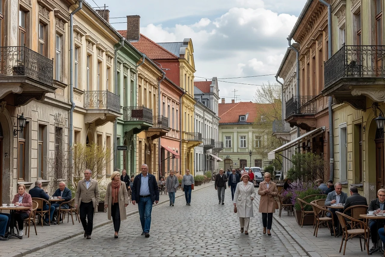 Rue piétonne bordée de façades éclectiques du XIXe siècle dans une ville d'Ukraine de l'Ouest, avec des passants et des terrasses