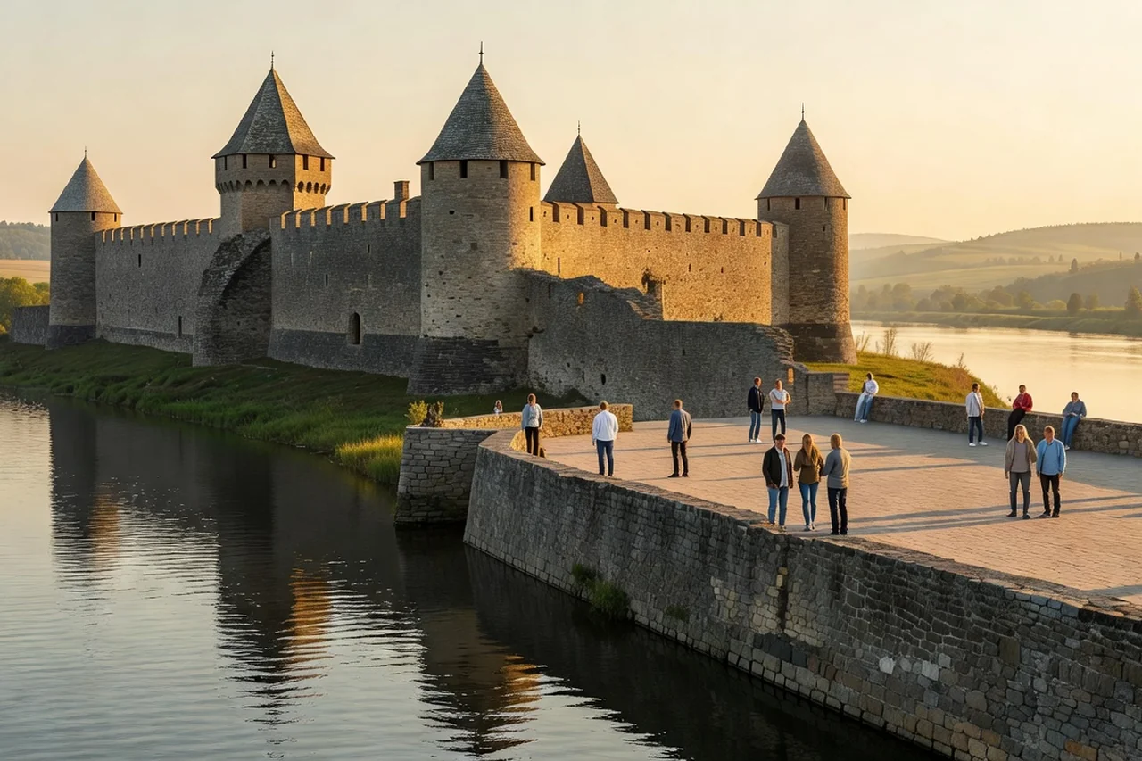 Forteresse de pierre de style Renaissance au bord d'une rivière calme, avec des visiteurs sur l'esplanade en pierre sous une lumière dorée